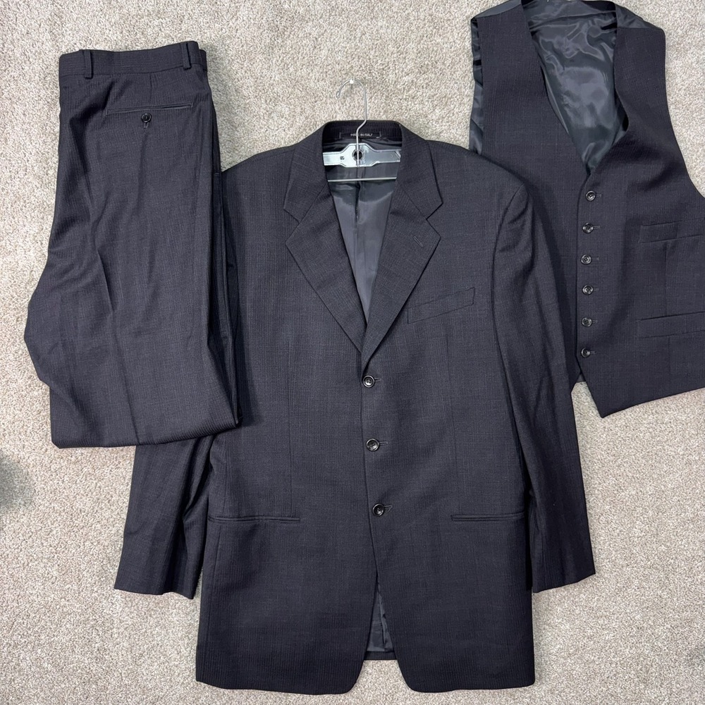 Armani Collezioni Wool Suit Mens 42L 3C27GE Charcoal Grey 3-Piece Italy EUC